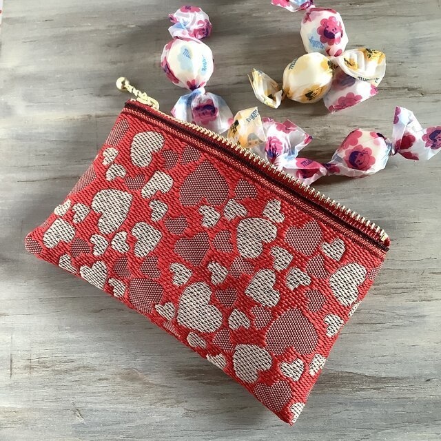 【ハート柄】畳縁 ぺたんこ ミニポーチ 赤 ラブリー カードケース 小銭入れ