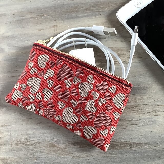 【ハート柄】畳縁 ぺたんこ ミニポーチ 赤 ラブリー カードケース 小銭入れ