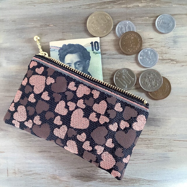 【ハート柄】畳縁 ぺたんこ ミニポーチ 赤 ラブリー カードケース 小銭入れ