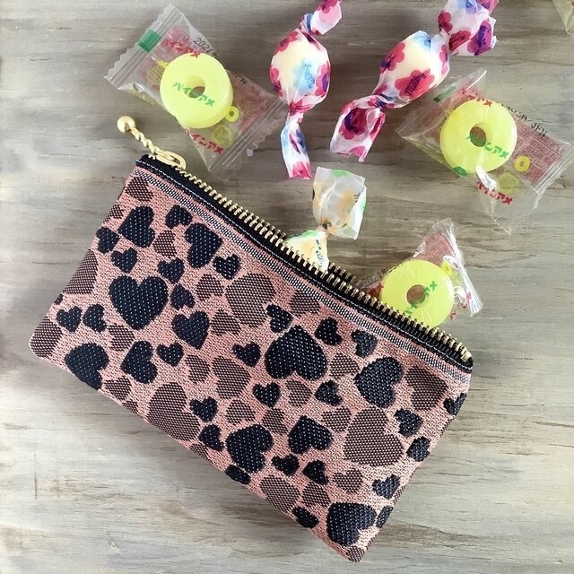 【ハート柄】畳縁 ぺたんこ ミニポーチ 赤 ラブリー カードケース 小銭入れ