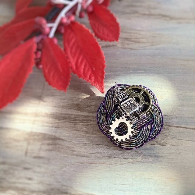 水引 スチームパンク風 ブローチ パープル 帯留 ロボット 歯車