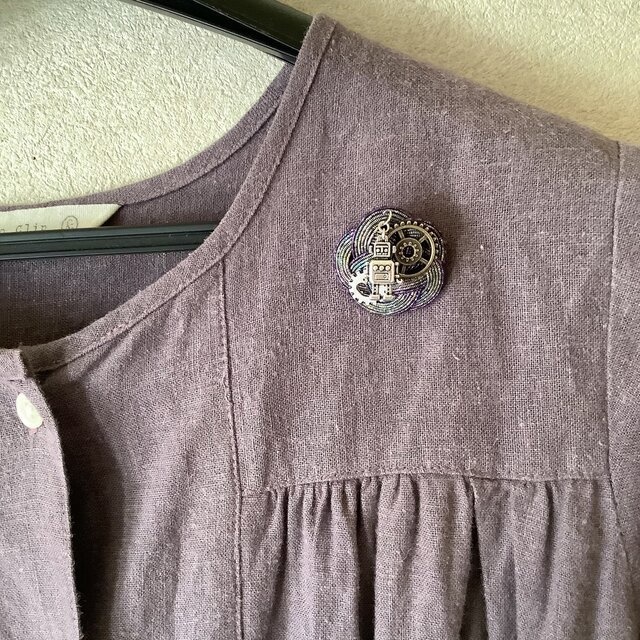 水引 スチームパンク風 ブローチ パープル 帯留 ロボット 歯車