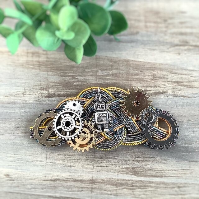 水引製【メカロボ】バレッタ ヘアクリップ スチームパンク 歯車 ゴールド