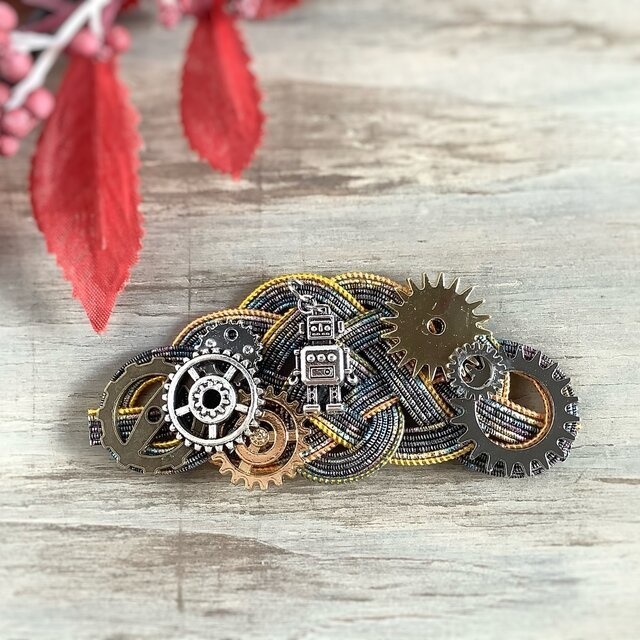 水引製【メカロボ】バレッタ ヘアクリップ スチームパンク 歯車 ゴールド