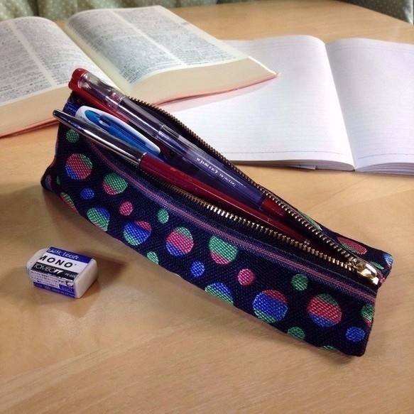 【カラフル水玉柄】畳縁 テトラ型 ペンケース 和風 ドット