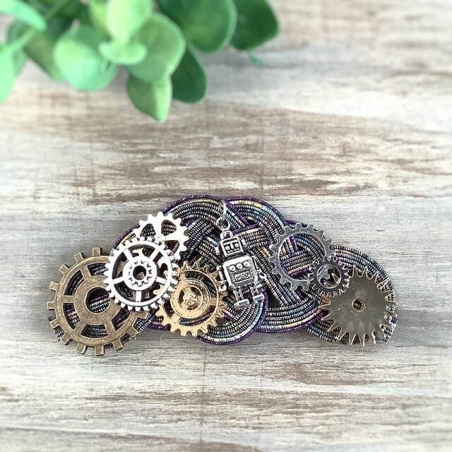 水引製【メカロボ】バレッタ ヘアクリップ スチームパンク 歯車 パープル