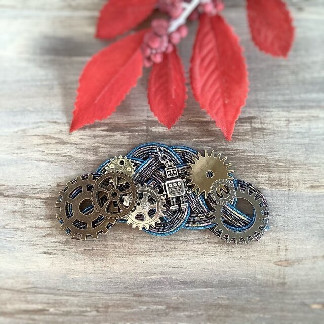 水引製【メカロボ】バレッタ ヘアクリップ スチームパンク 歯車 ブルー