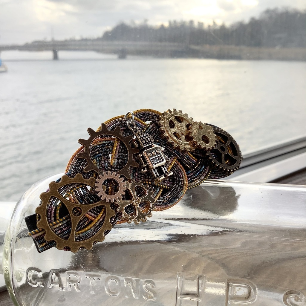 水引製【メカロボ】バレッタ ヘアクリップ スチームパンク 歯車 ブルー