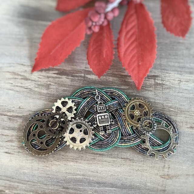 水引製【メカロボ】バレッタ ヘアクリップ スチームパンク 歯車 グリーン