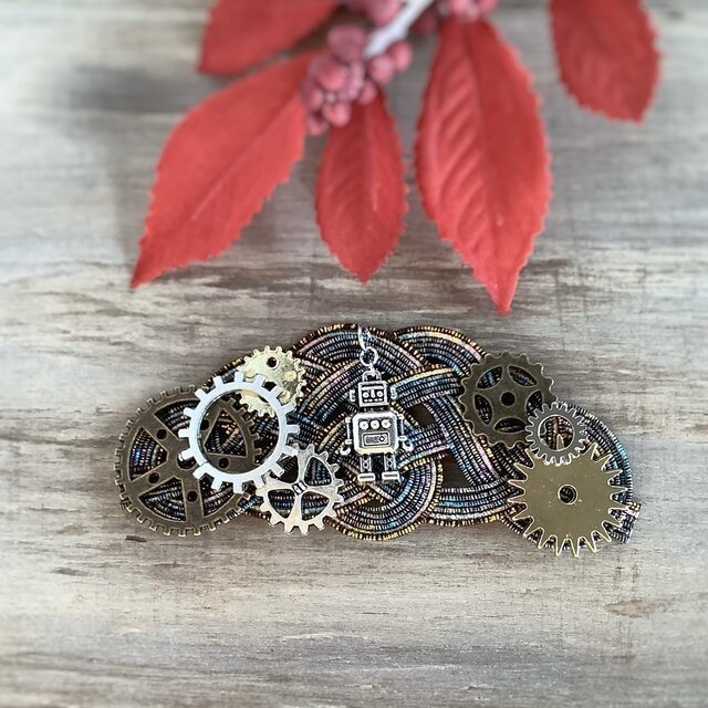 水引製【メカロボ】バレッタ ヘアクリップ スチームパンク 歯車 金古美