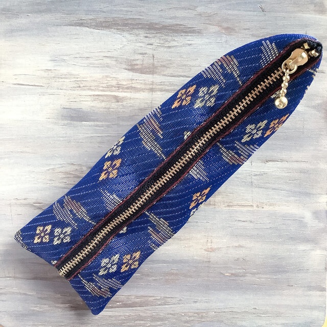 【霞と花菱】畳縁 テトラ型 ペンケース 紺 藍色 幾何学模様 伝統 和柄 おうち時間