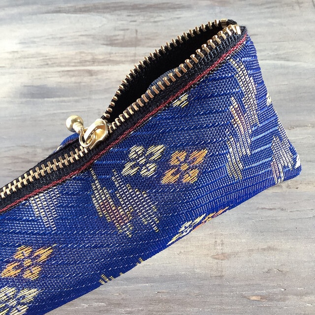 【霞と花菱】畳縁 テトラ型 ペンケース 紺 藍色 幾何学模様 伝統 和柄 おうち時間