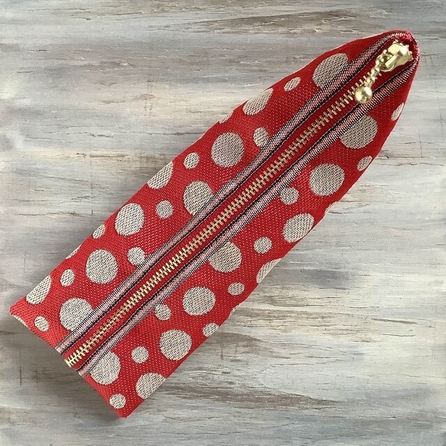 【水玉】畳縁 テトラ型 ペンケース 赤 ベージュ ドット