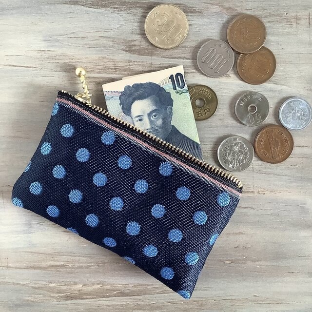 【瑠璃玉】畳縁 ぺたんこ ミニポーチ カードケース 小銭入れ 水玉 紺
