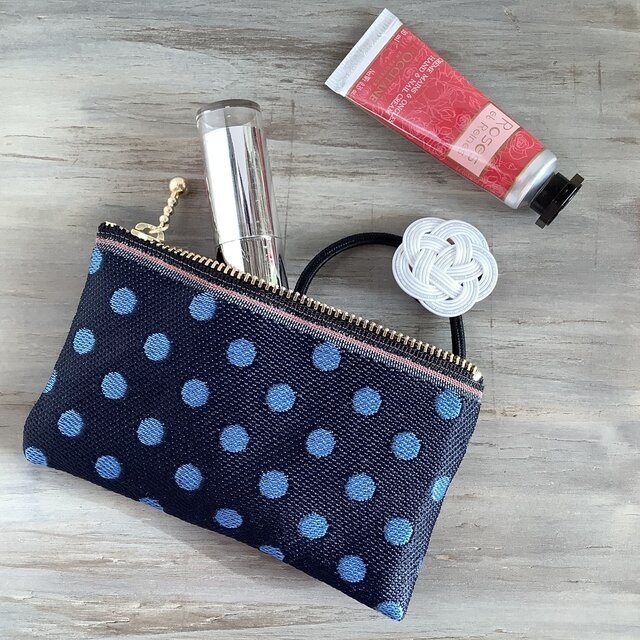 【瑠璃玉】畳縁 ぺたんこ ミニポーチ カードケース 小銭入れ 水玉 紺
