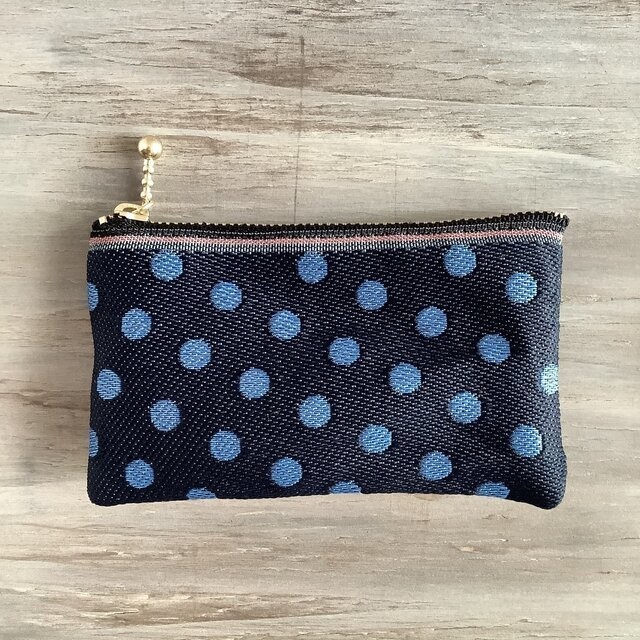 【瑠璃玉】畳縁 ぺたんこ ミニポーチ カードケース 小銭入れ 水玉 紺