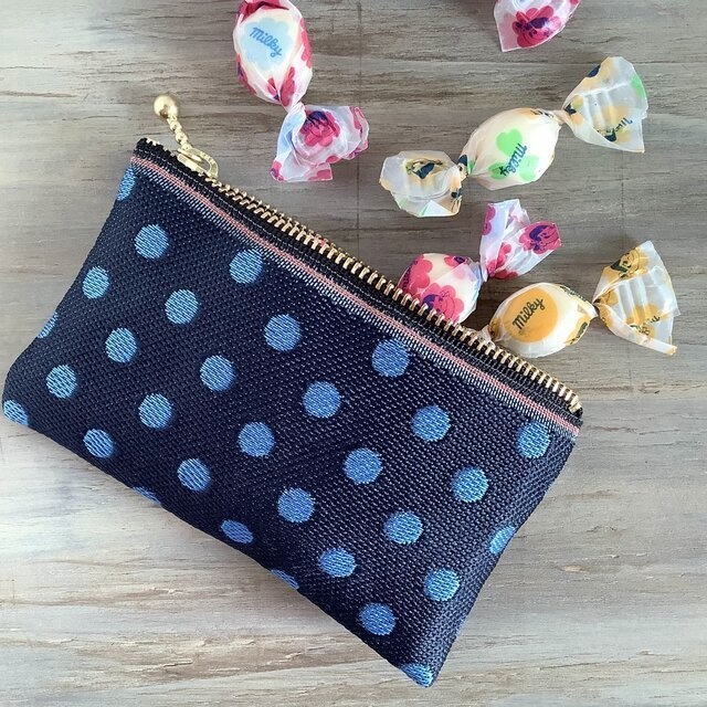 【瑠璃玉】畳縁 ぺたんこ ミニポーチ カードケース 小銭入れ 水玉 紺