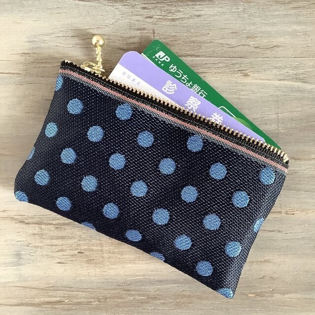 【瑠璃玉】畳縁 ぺたんこ ミニポーチ カードケース 小銭入れ 水玉 紺