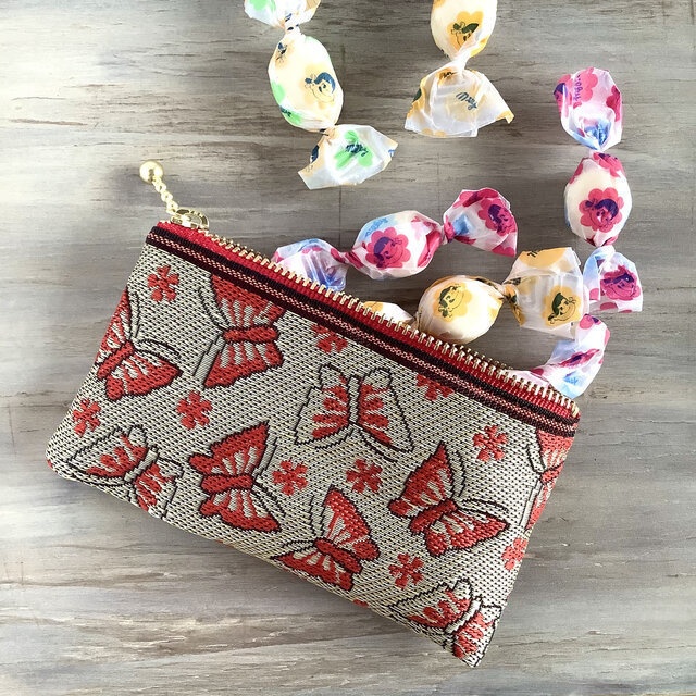 【胡蝶】畳縁 ぺたんこ ミニポーチ カードケース 小銭入れ ゴールド 蝶 チョウチョ