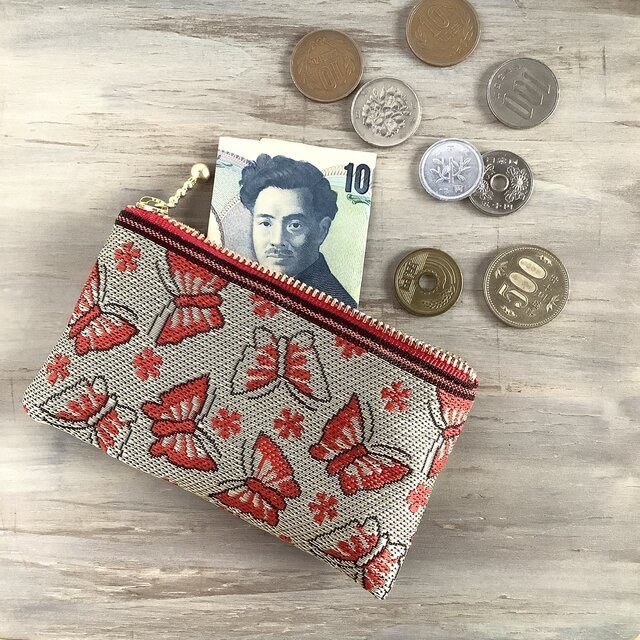 【胡蝶】畳縁 ぺたんこ ミニポーチ カードケース 小銭入れ ゴールド 蝶 チョウチョ