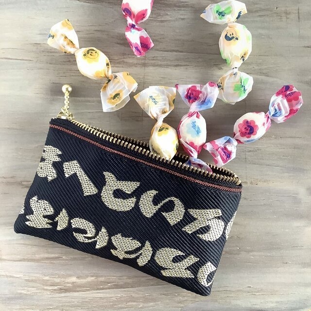 【いろは柄】畳縁 ぺたんこ 小銭入れ ミニポーチ カードケース 黒