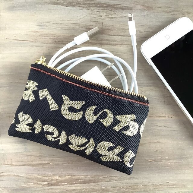 【いろは柄】畳縁 ぺたんこ 小銭入れ ミニポーチ カードケース 黒