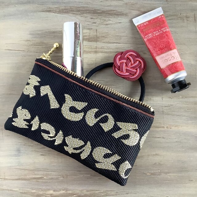 【いろは柄】畳縁 ぺたんこ 小銭入れ ミニポーチ カードケース 黒