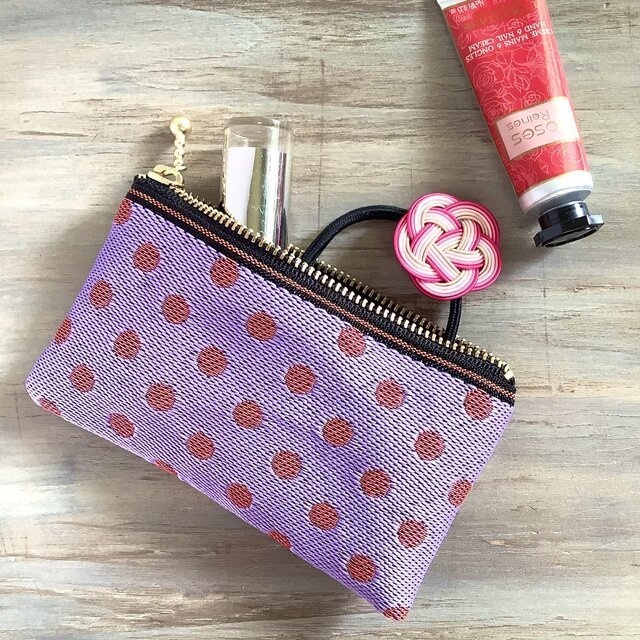 【ベリーベリー】畳縁 水玉 ドット ぺたんこ ミニポーチ カードケース 小銭入れ 紫 ピンク