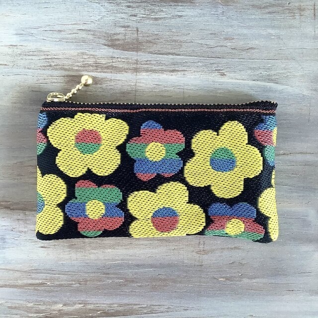 【レトロポップ 花柄】畳縁 ぺたんこ ミニポーチ 小銭入れ カードケース 黒 カラフル