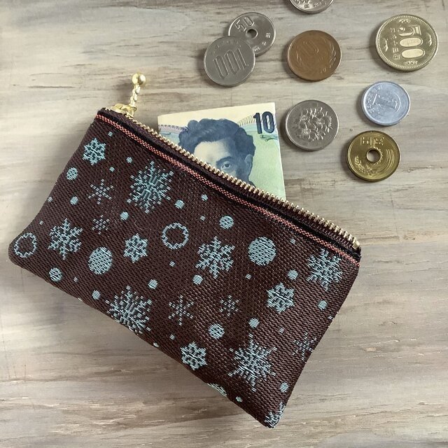 【六華】畳縁 ぺたんこ ミニポーチ カードケース 小銭入れ チョコミント 雪の結晶 クリスマス