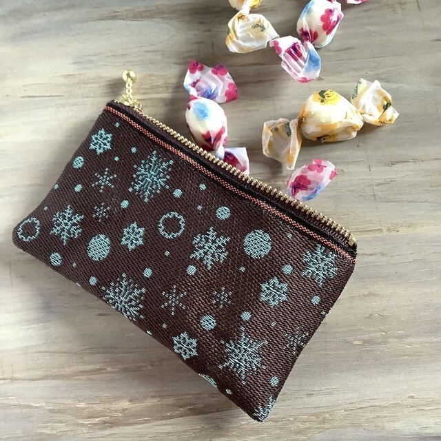 【六華】畳縁 ぺたんこ ミニポーチ カードケース 小銭入れ チョコミント 雪の結晶 クリスマス