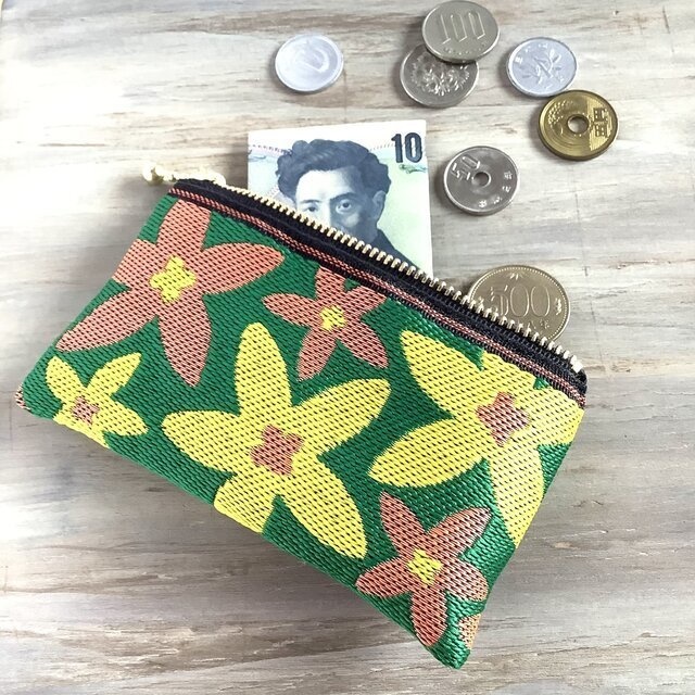 【スターフラワー】畳縁 ぺたんこ ミニポーチ カードケース 小銭入れ 緑 大人可愛い