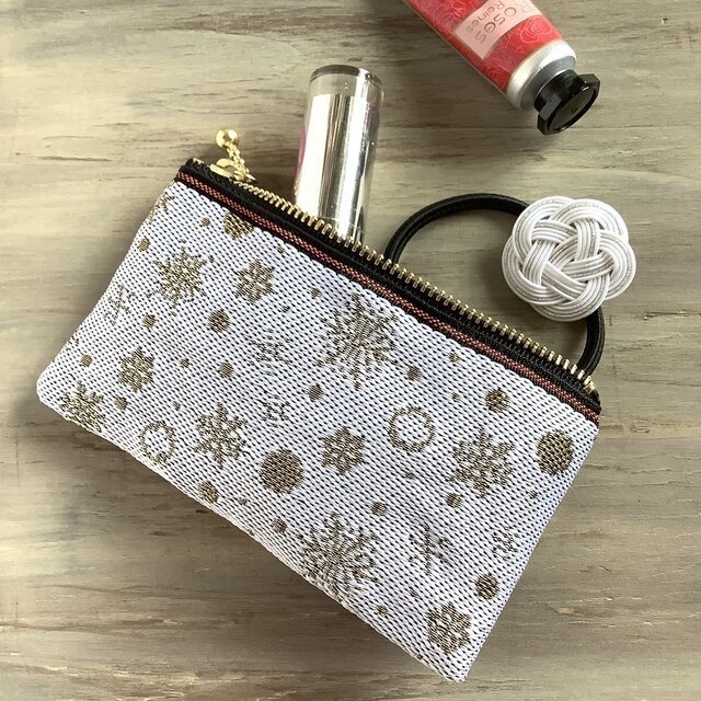 【六華】畳縁 ペンケース ホワイト ゴールド 雪の結晶 クリスマス スノウフレイク