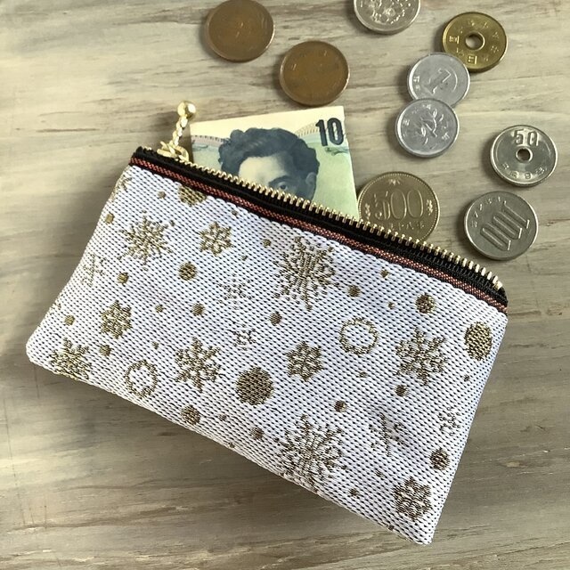【六華】畳縁 ぺたんこ ミニポーチ カードケース 小銭入れ ホワイト ゴールド 雪の結晶 クリスマス