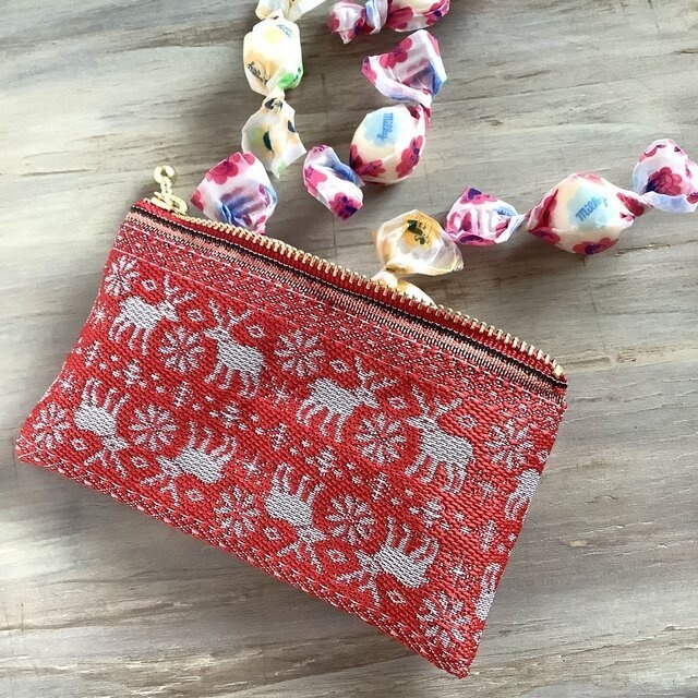 【ノルディック】畳縁 ぺたんこ ミニポーチ カードケース 小銭入れ 赤 トナカイ クリスマス