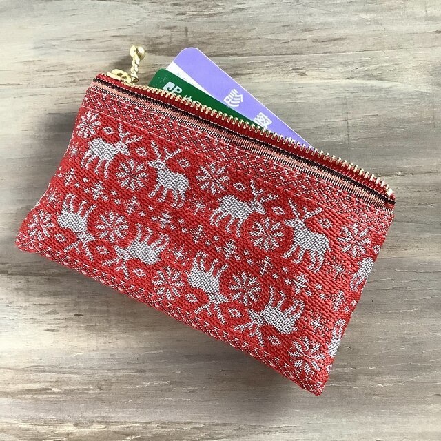 【ノルディック】畳縁 ぺたんこ ミニポーチ カードケース 小銭入れ 赤 トナカイ クリスマス