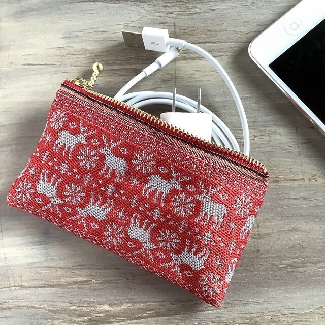 【ノルディック】畳縁 ぺたんこ ミニポーチ カードケース 小銭入れ 赤 トナカイ クリスマス