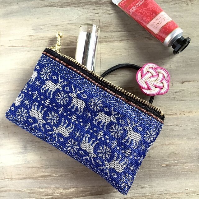 【ノルディック】畳縁 ぺたんこ ミニポーチ カードケース 小銭入れ 青 トナカイ クリスマス