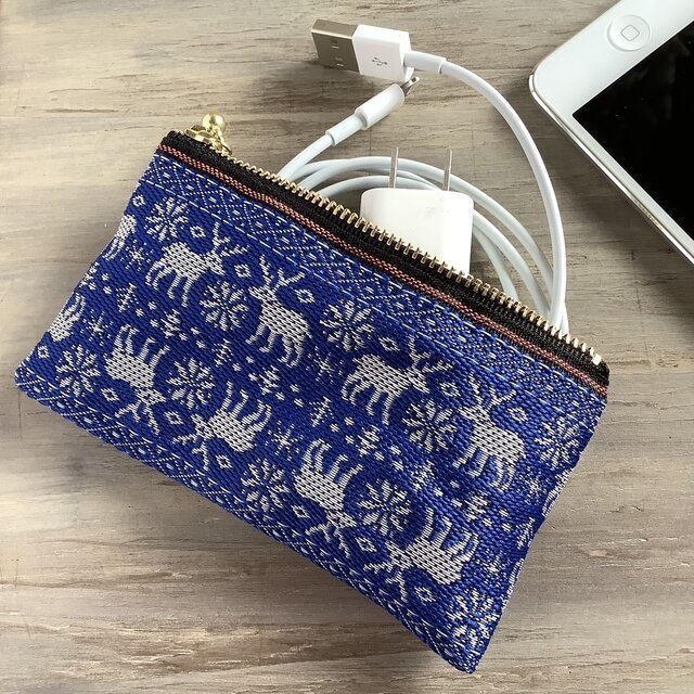 【ノルディック】畳縁 ぺたんこ ミニポーチ カードケース 小銭入れ 青 トナカイ クリスマス