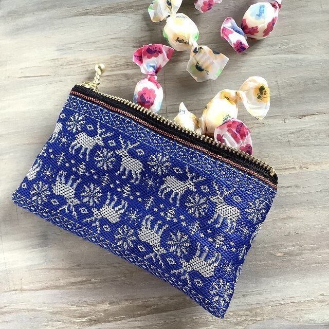 【ノルディック】畳縁 ぺたんこ ミニポーチ カードケース 小銭入れ 青 トナカイ クリスマス