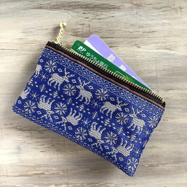 【ノルディック】畳縁 ぺたんこ ミニポーチ カードケース 小銭入れ 青 トナカイ クリスマス