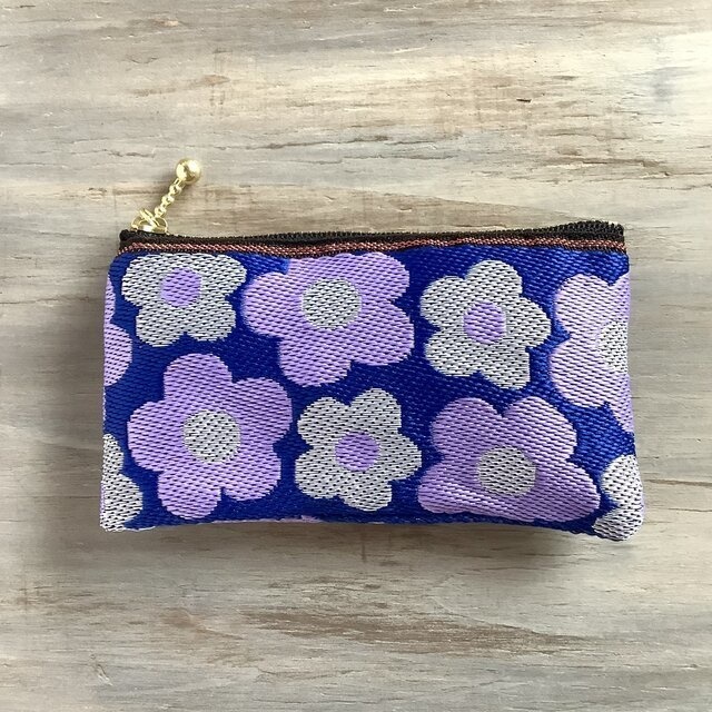 【レトロポップ花柄】畳縁 ぺたんこ ミニポーチ カードケース 小銭入れ 菫色 紫