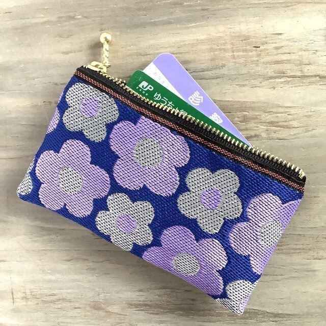 【レトロポップ花柄】畳縁 ぺたんこ ミニポーチ カードケース 小銭入れ 菫色 紫