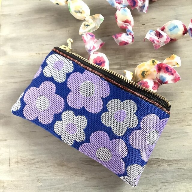 【レトロポップ花柄】畳縁 ぺたんこ ミニポーチ カードケース 小銭入れ 菫色 紫