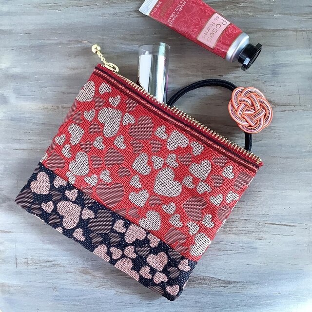 【ハート】畳縁 ポーチ サニタリーケース 赤 黒