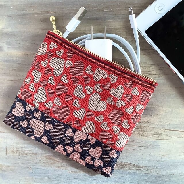 【ハート】畳縁 ポーチ サニタリーケース 赤 黒