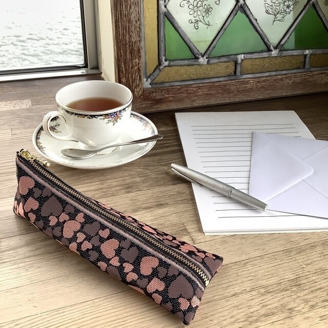 【ハート】畳縁 ぺたんこ ミニポーチ カードケース 小銭入れ 和風 黒 ピンク