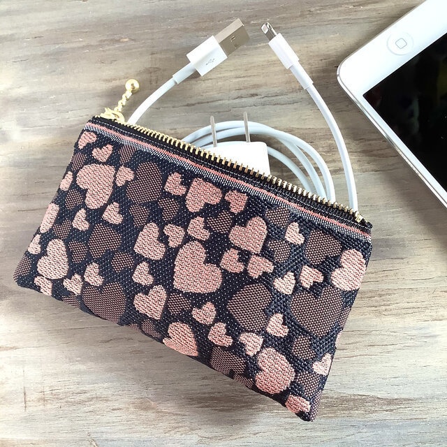 【ハート】畳縁 ぺたんこ ミニポーチ カードケース 小銭入れ 和風 黒 ピンク