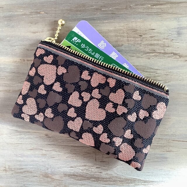【ハート】畳縁 ぺたんこ ミニポーチ カードケース 小銭入れ 和風 黒 ピンク