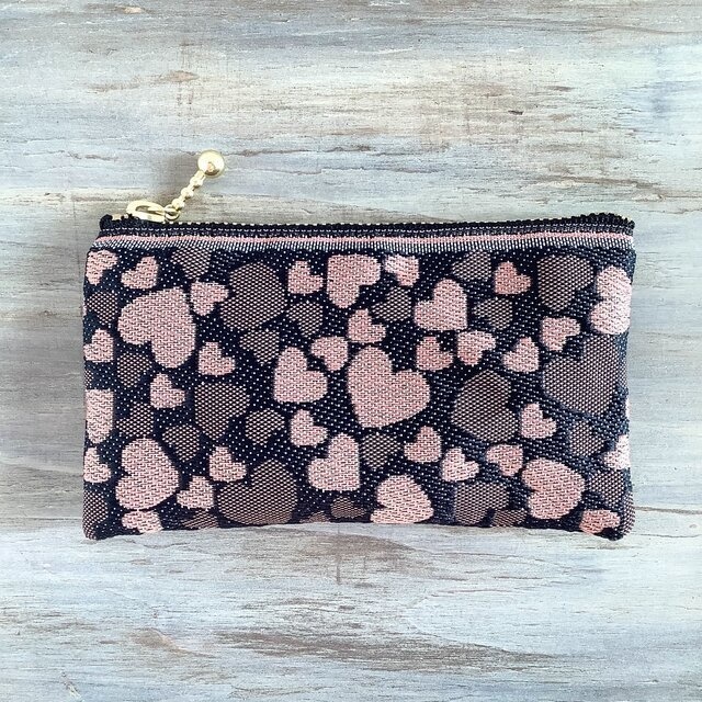 【ハート】畳縁 ぺたんこ ミニポーチ カードケース 小銭入れ 和風 黒 ピンク